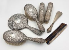 Matching Birmingham silver backed ladies 5 piece Art Nouveau dressing table mirror and brush set