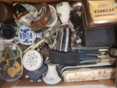 A mixed collection of ceramic items to include Used cutlery, and costume jewellery etc (1 tray)