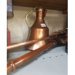A group of copper items to include bed warming pan, copper and brass hunting horn, copper trivet etc