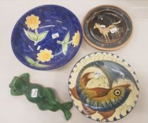 Mixed collection of pottery items to include a comical frog figure, studio pottery wall plate,