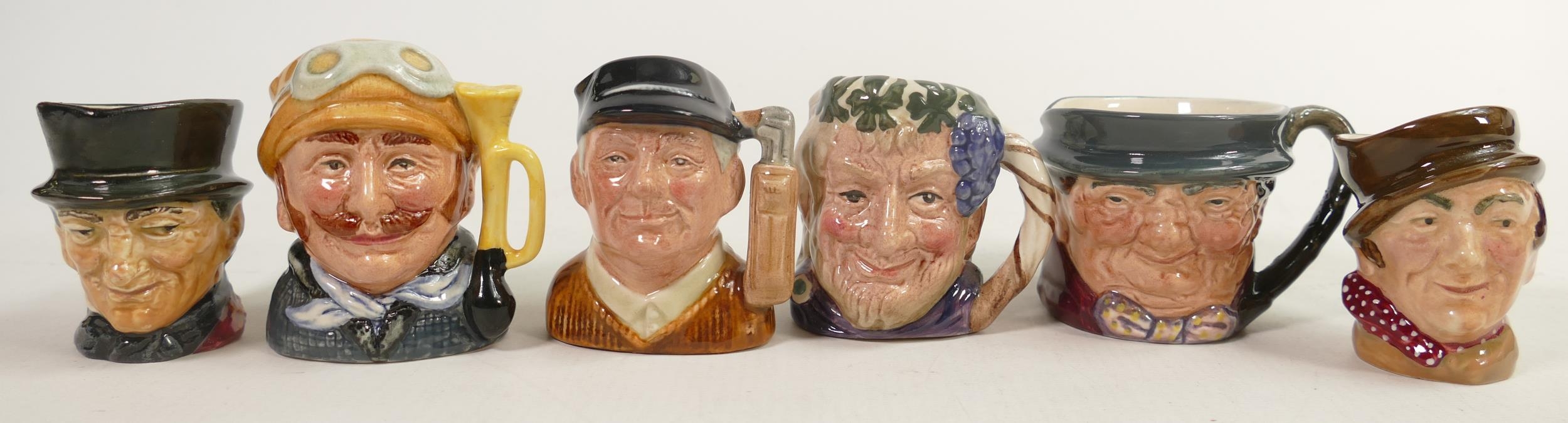 Royal Doulton Miniature Character Jugs Veteran Motorist D6941, Bacchus D6521, Sam Weller, John Peel,