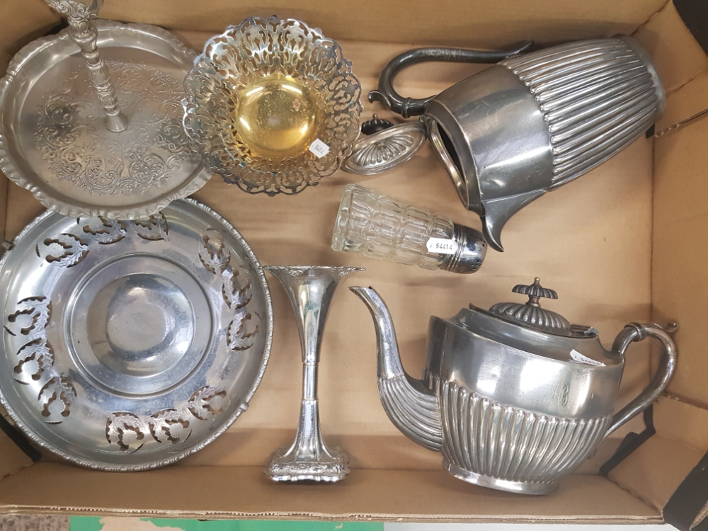 A mixed collection of metal ware items to include Victorian silver plated teapot and hot water