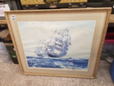 A large framed print of a galleon, signed 'Montague Dawson' lower right, overall size 99cm x