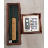 Framed 1948 Australian miniature Cricket Signature Bat together with framed 1931 Half-crown to