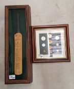 Framed 1948 Australian miniature Cricket Signature Bat together with framed 1931 Half-crown to