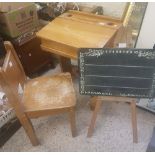 Mid century child's desk and chair, with original bakelite ink wells and lift up lid, together