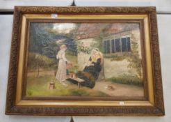 Victorian framed oil on canvas dated 1876 depicting a family scene, overall size 97cm x 72cm.