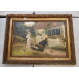 Victorian framed oil on canvas dated 1876 depicting a family scene, overall size 97cm x 72cm.