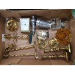 A collection of Metal ware items to include brass candle sticks, Silver plated sugar shaker,