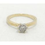 9ct gold ladies diamond cluster ring, size K, 2g.