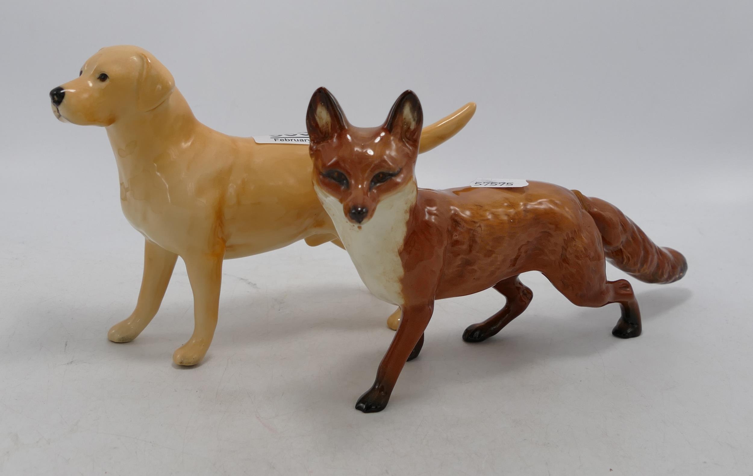 Beswick Labrador together with a standing fox ( foxes tail reglued) (2)