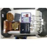 A mixed collection of items to include boxed Brass Miniature Desktop Sundial Compass, Cased Geometry