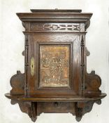 Continental Arts & Crafts wall hanging hall cabinet with high relief copper panel to door, 73 x 64cm