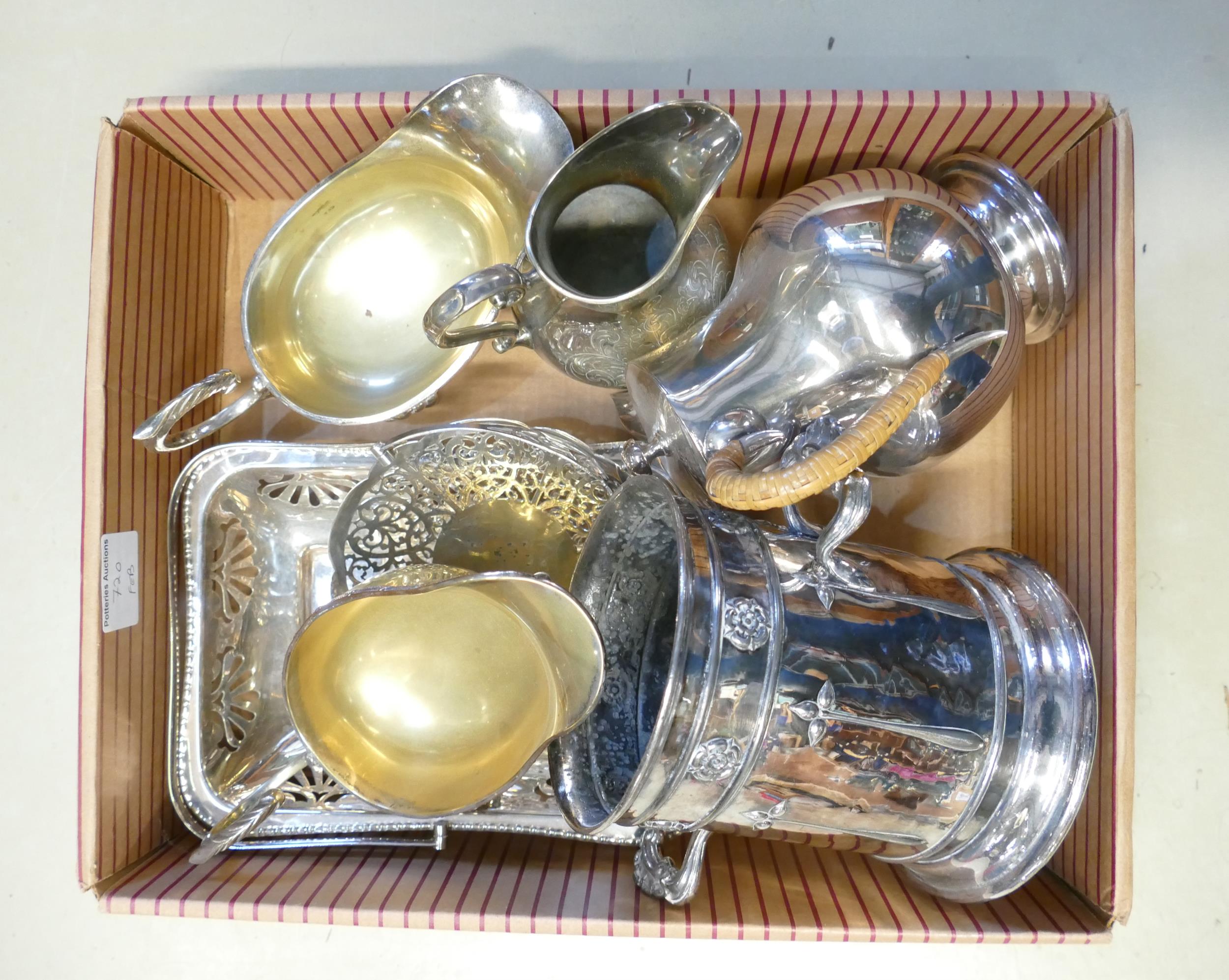 Selection of silver plated items including large pair of sauce boats, Arts & Crafts soda siphon /