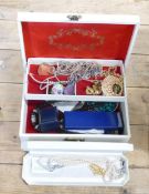 Good selection of costume jewellery in jewel box, includes chains, brooches, beads etc.