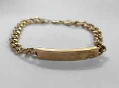 9ct hallmarked gold ID bracelet of hollow construction, engraved with name & date, with denting to