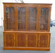 Very Large Reproduction Yew Glazed 4 door Bookcase, length 196, depth 38 & height 195cm