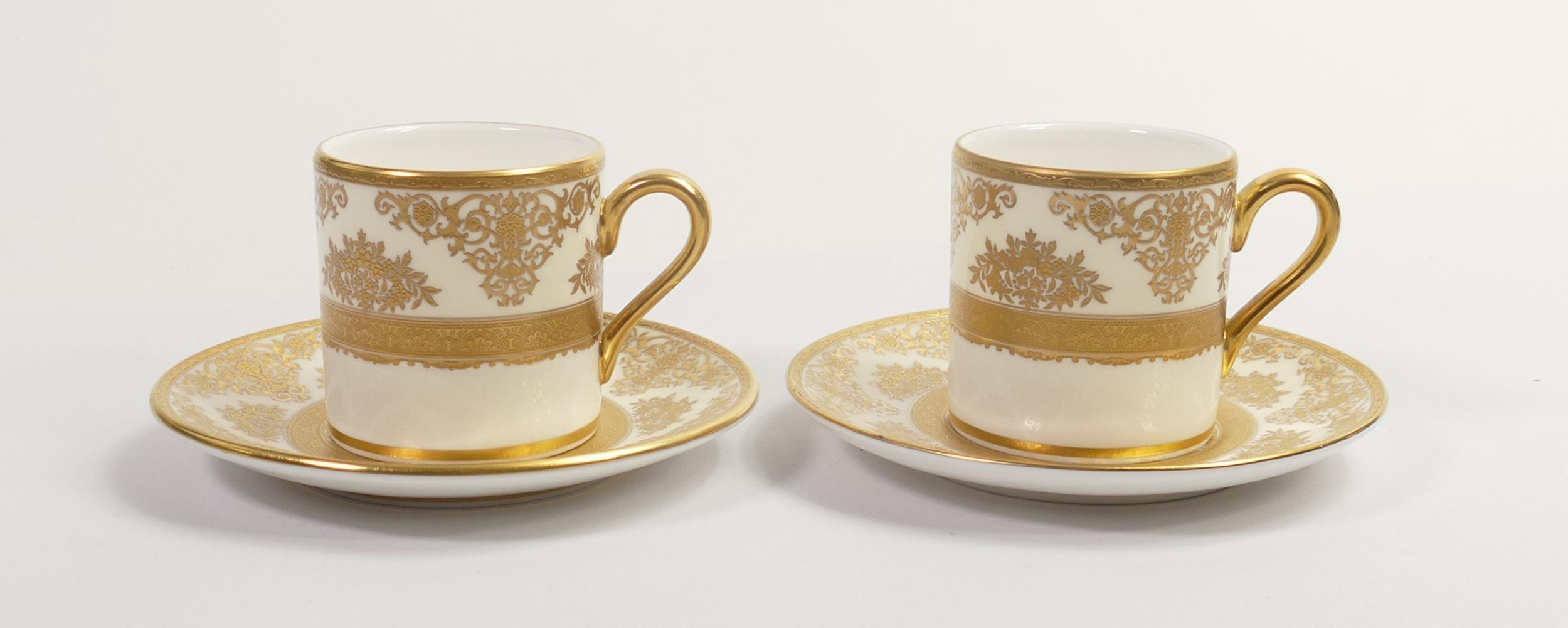 De Lamerie Fine Bone China heavily gilded Majestic patterned Coffee Cans & Saucers, specially made