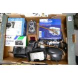 A mixed collection of camera equipment to include Halina A1 TLR film camera, Canon Sureshot 60 zoom,
