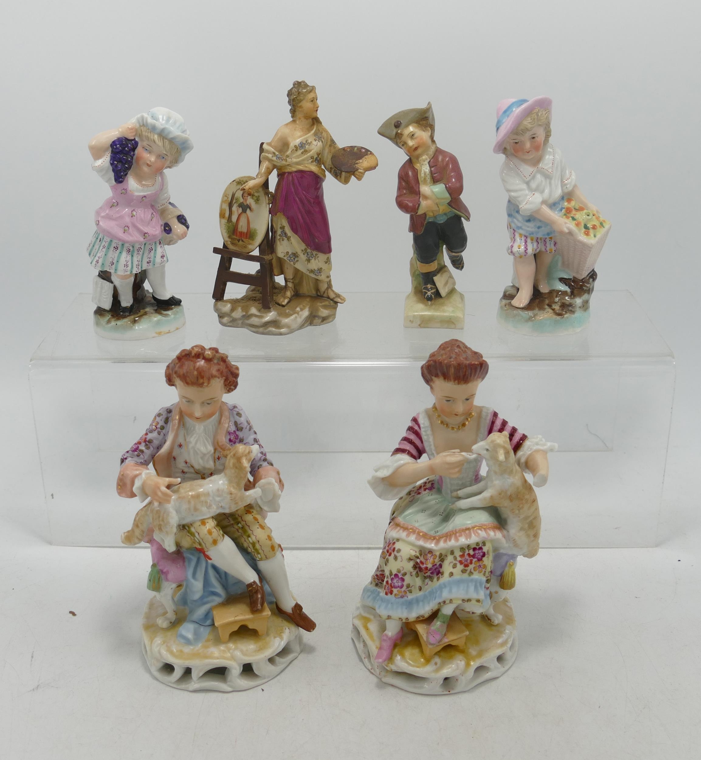 Six German Meissen Style Figures, tallest 13cm, damaged hand noted to one of lambing figures