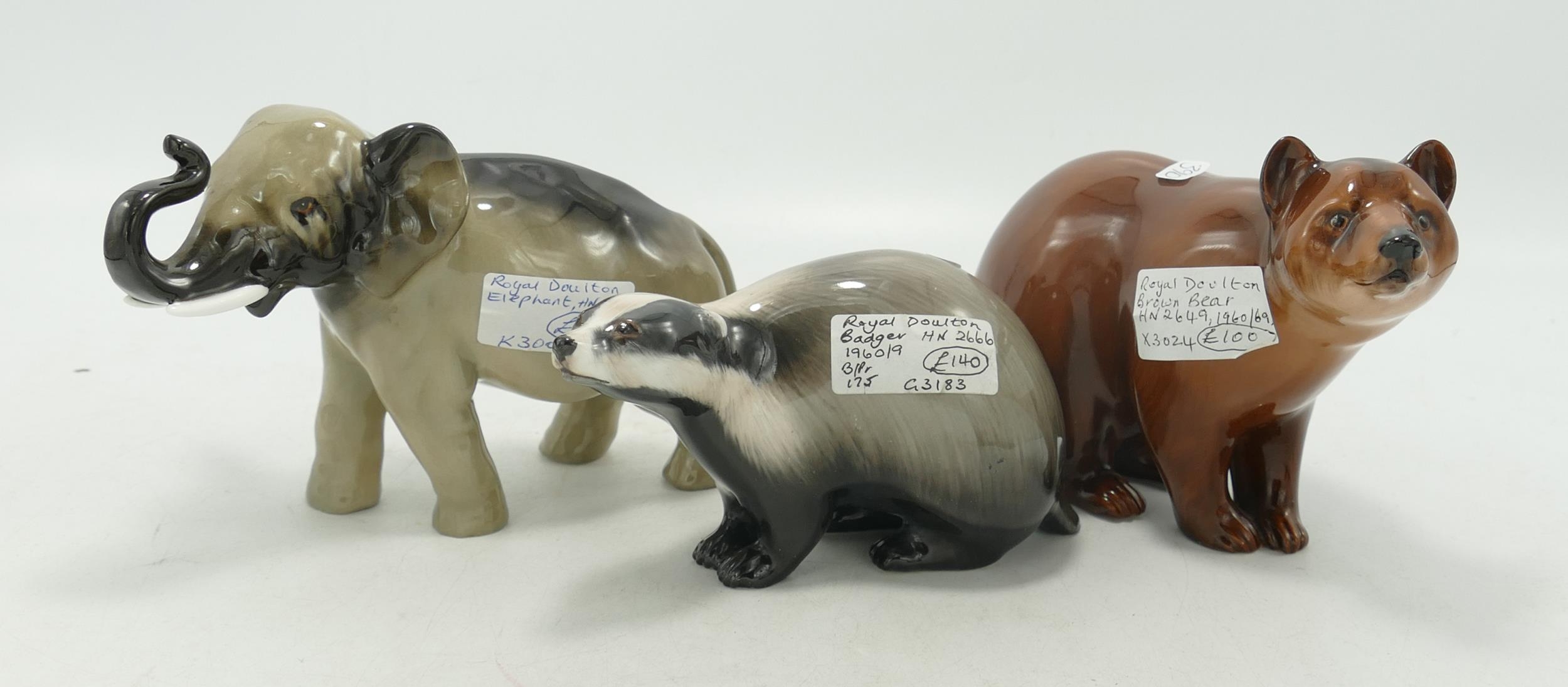 Royal Doulton Animals to include Elephant Hn2644, Brown Bear Hn2649 & Badger Hn2666(3)