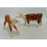 Beswick early models of Hereford Cow 1345 (underglaze chip to one hoof) and large calf. (2)