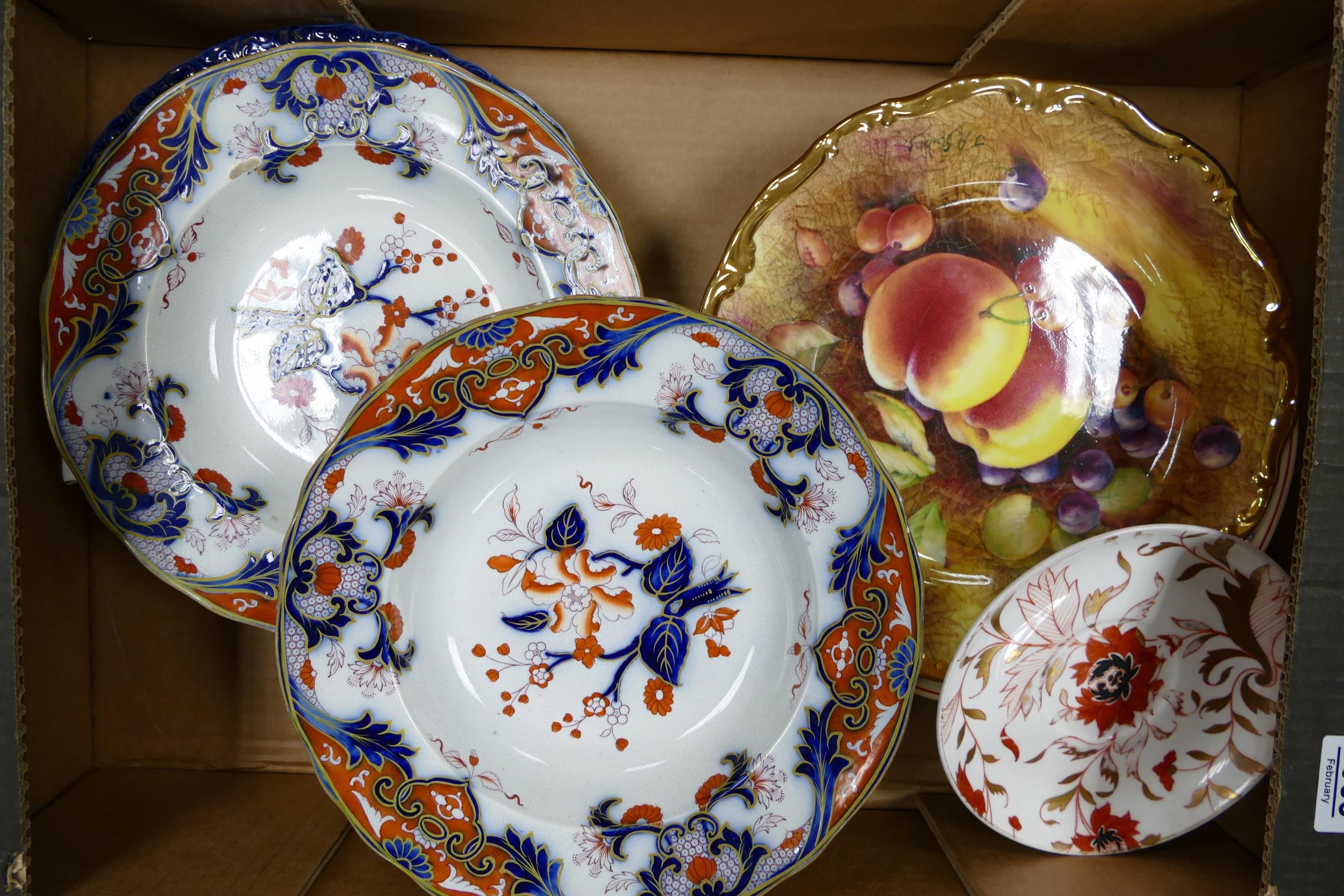 A collection of decorative wall plates to include gilded with hand painted fruits ( 1 tray)