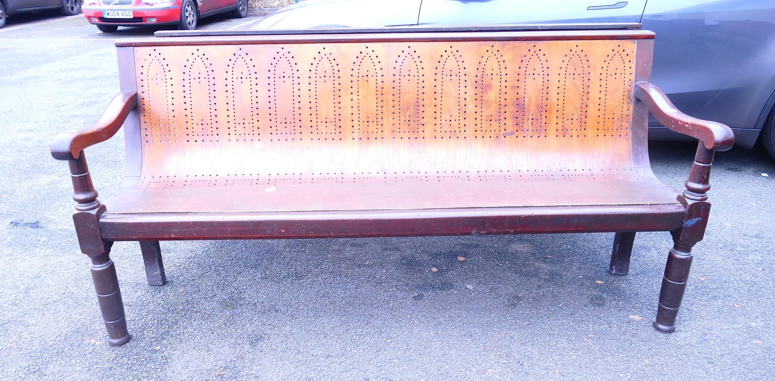 Early 20th century mahogany bench, on solid bulbous supports with bentwood veneer shaped seat,