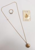 9ct gold white stone ring (1 x stone missing), 9ct gold chain with gold coloured locket, and a 9ct