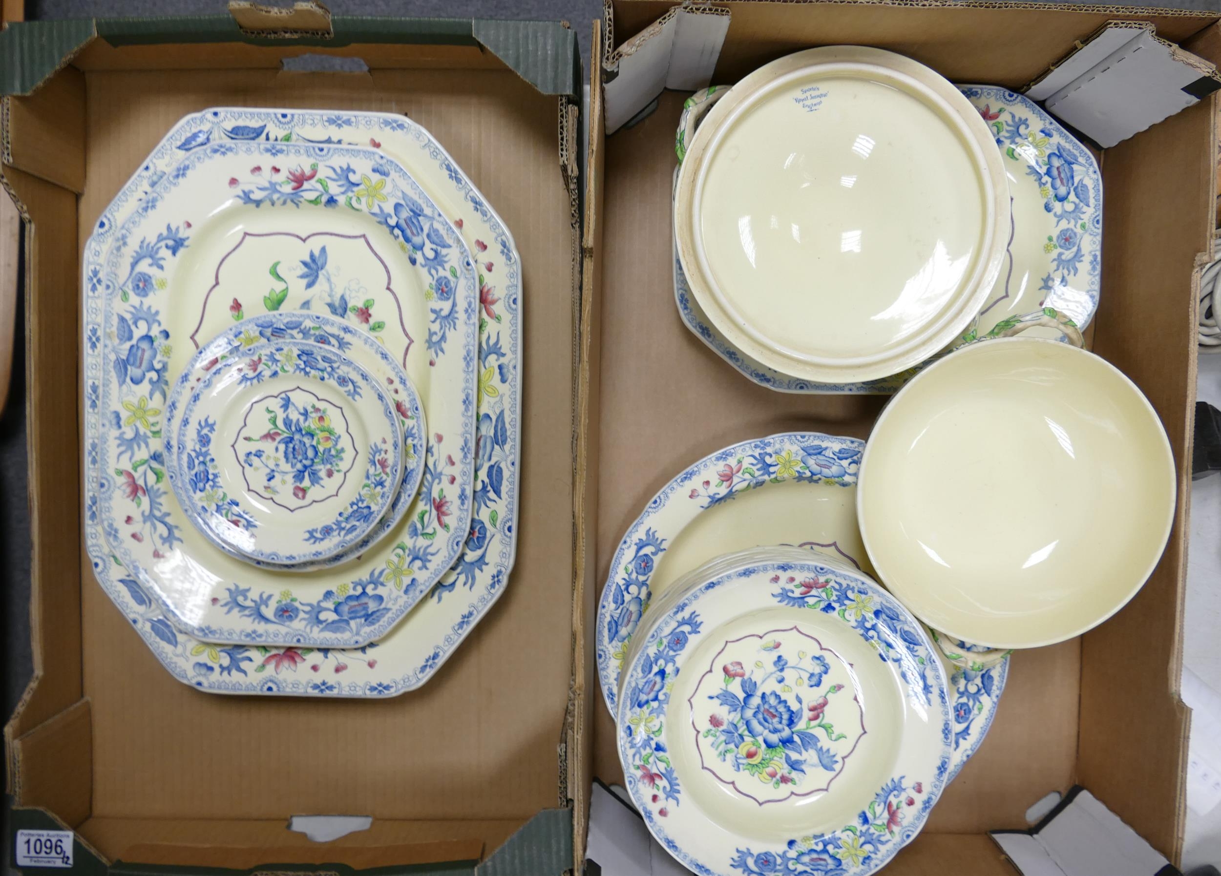 Spode Royal Jasmine (blue) patterned dinnerware including platter, vegetable dishes rimmed bowls etc