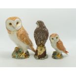 Beswick Small Barn Owl, Large Barn Owl & similar pottery Whiskey Decanters, tallest 19cm(3)