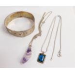 Sterling Silver bangle together with 2 silver chains with silver pendant and gemstone pendant. Gross