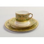 De Lamerie Fine Bone China heavily gilded Robert Adam patterned Trio, specially made high end