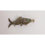 Silver Filigree Articulated Turquoise Eye Fish Pill Box Pendant, length 5.5cm