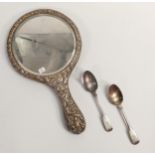 Silver hallmarked hand mirror, badly damaged, together with 2 Victorian silver tea spoons (47.6g)