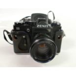 Cased Zenit II vintage film camera, fitted with Helios 44m-4 lens