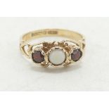 9ct gold ladies opal & garnet ring set in heart shaped shank, size K, 2.3g.