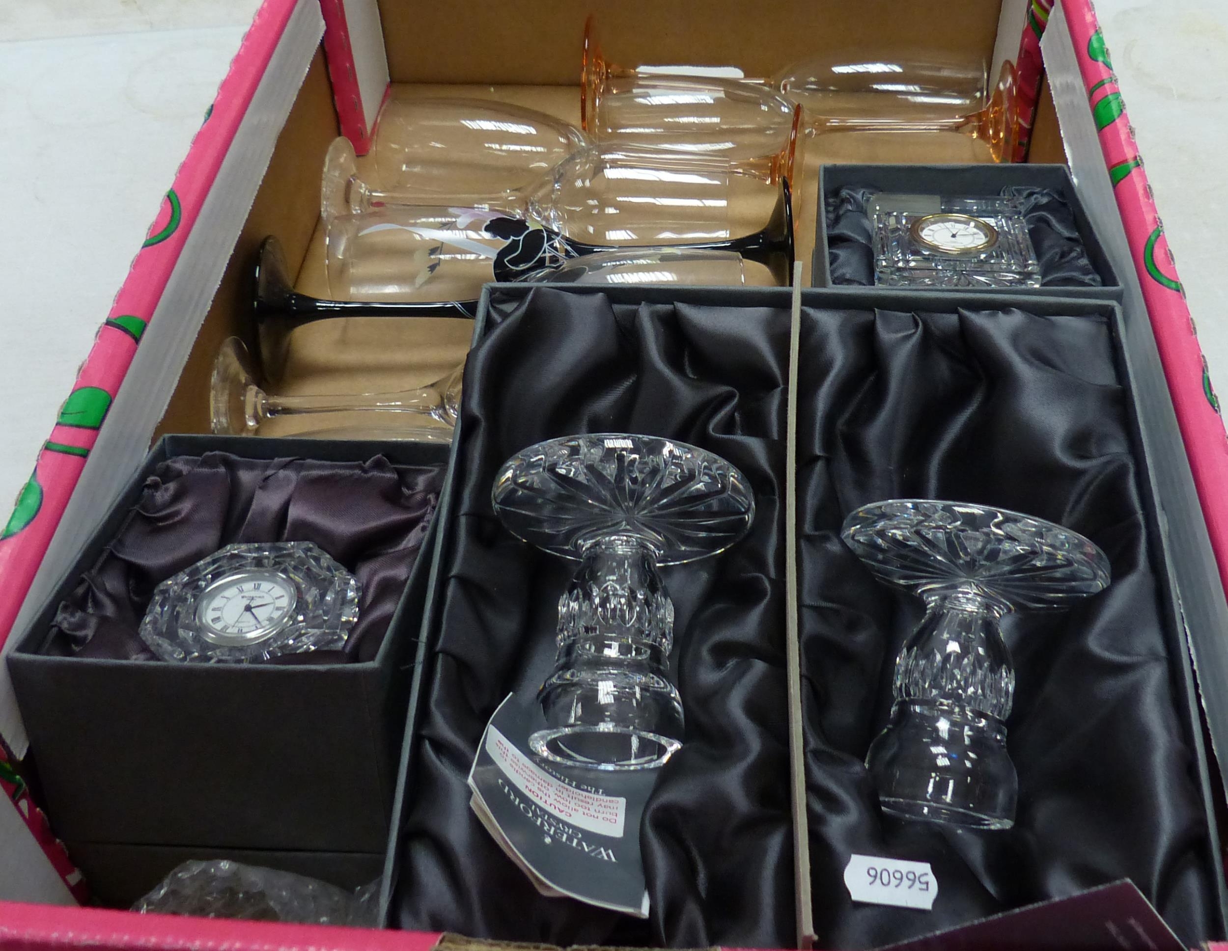 Boxed Waterford Crystal Candlesticks & Mantle Clock etc