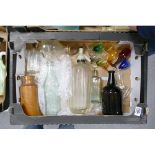 A mixed collection of items to include glass ware, vintage bottles, soda siphon ( 1 tray)