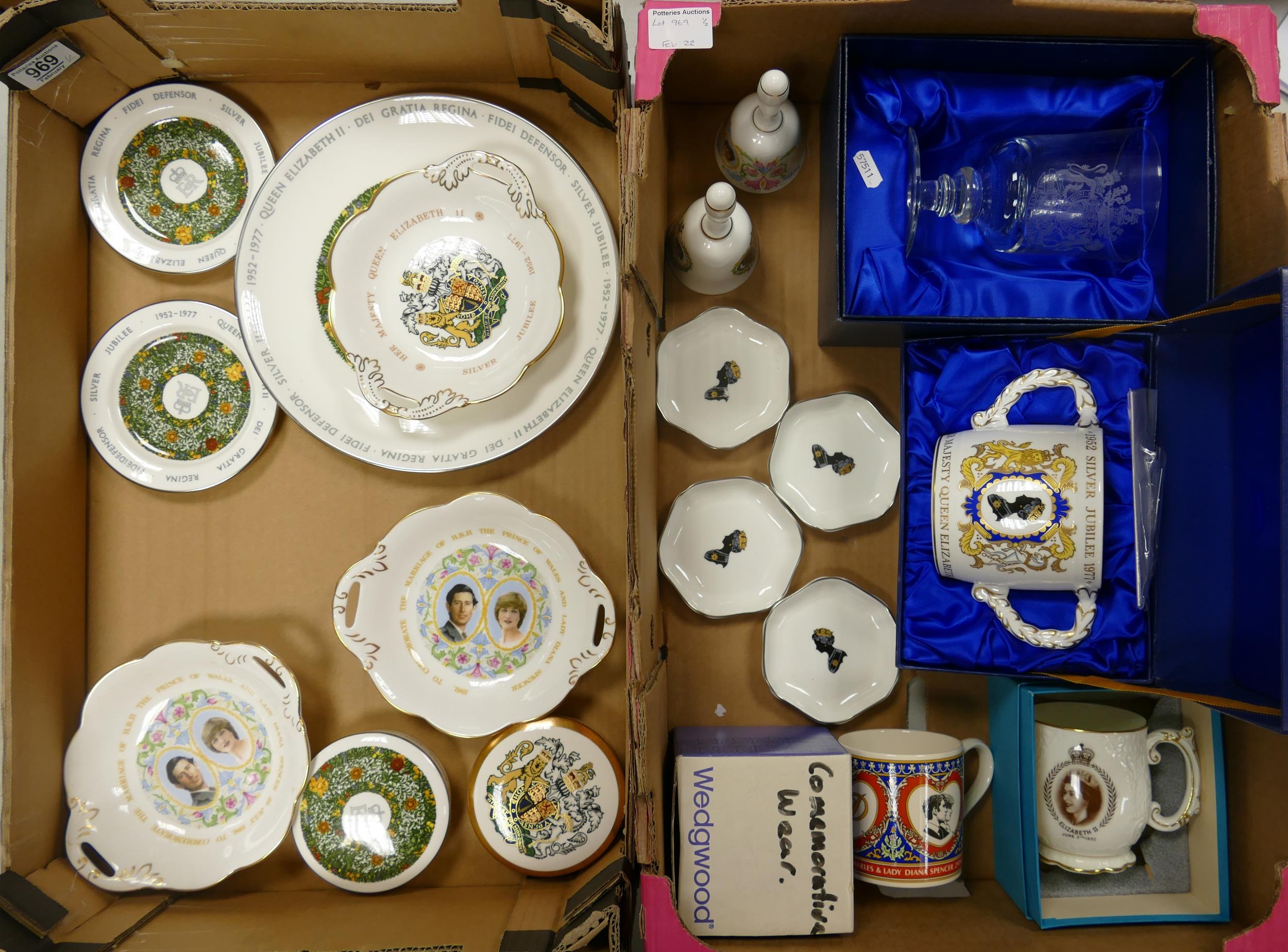 A Collection of Commemorative items to include Silver jubilee loving cup (Boxed), Mugs, Plates,