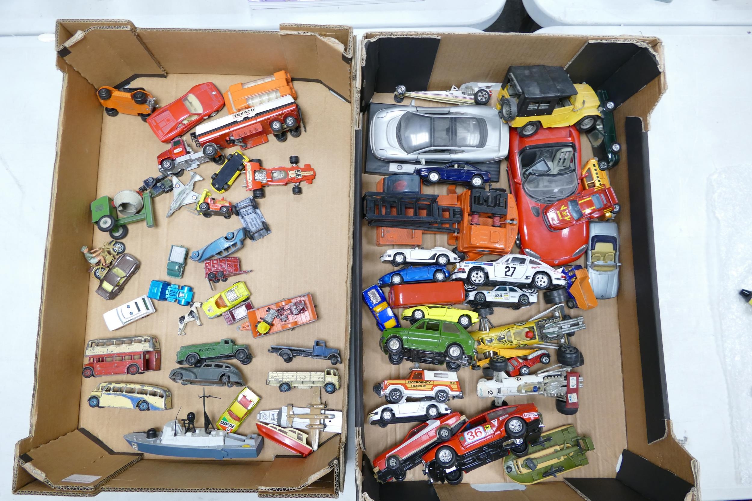 A large collection of vintage Corgi, Dinky, Burago & similar Model Toy Cars (2 trays)