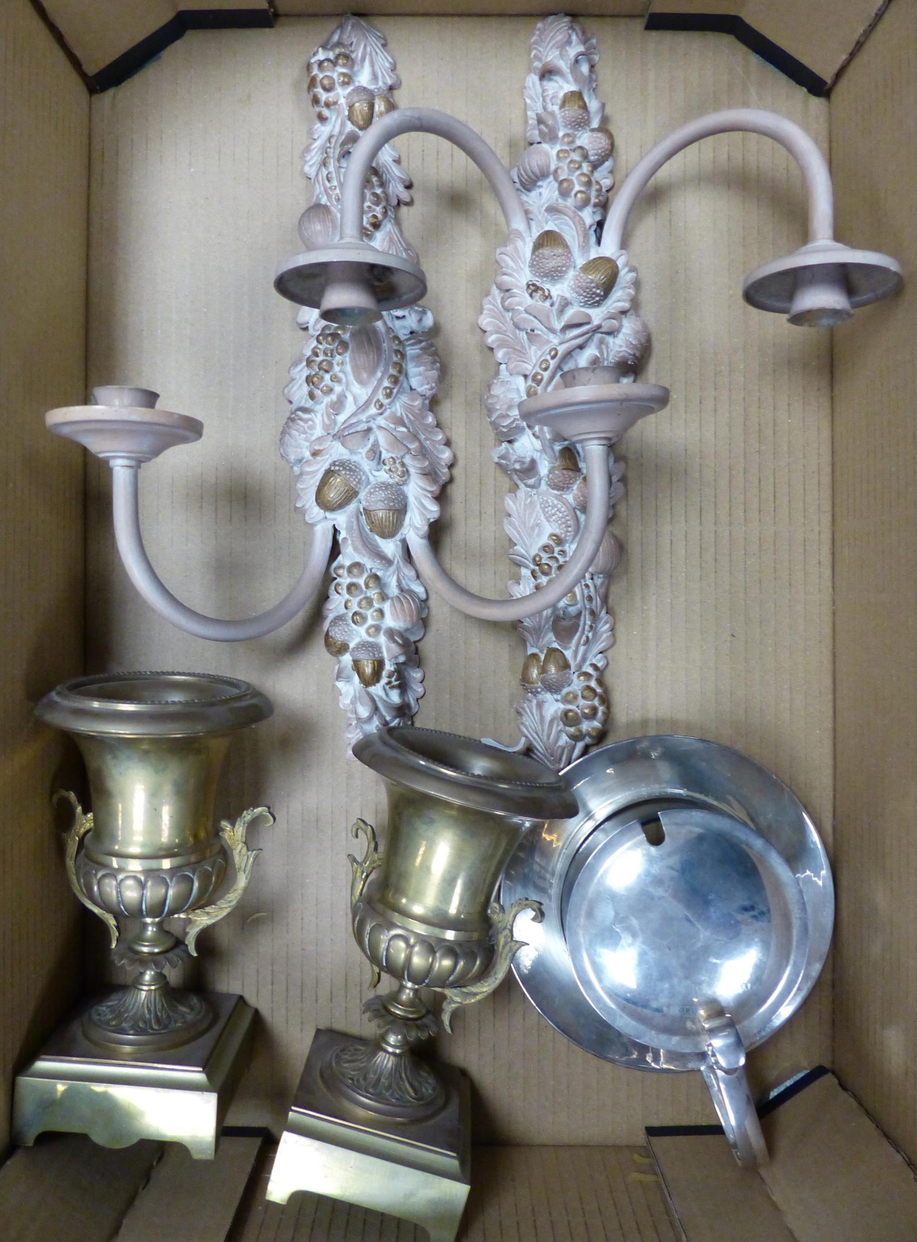 A mixed collection of items to include Brass Urns, Modern decorative Wall Sconces, Silver Plated