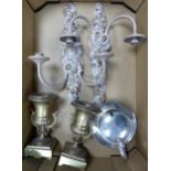 A mixed collection of items to include Brass Urns, Modern decorative Wall Sconces, Silver Plated