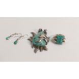 A collection of Silver mounted turquoise jewellery, including Pendant, pair earrings and dress ring.