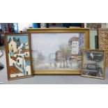 Large Parisian Street scene Oil on Canvas together with 2 others , largest 76 x 103cm(3)