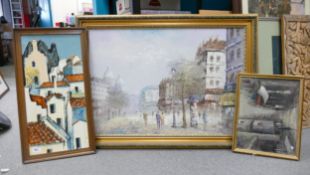 Large Parisian Street scene Oil on Canvas together with 2 others , largest 76 x 103cm(3)