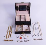 Jewellery box containing watches, bracelets, silver jewellery including chains, pendant, ring,
