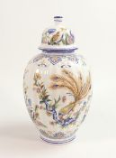 Large Italian Delfia Vase decorated in with peacocks, height 35cm