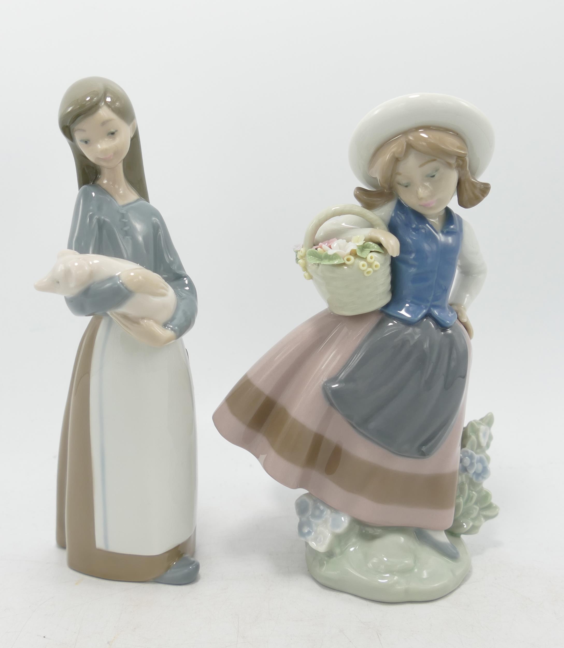 Lladro figure of Girl with Piglet & Girl with Basket of Posies , height of tallest 18cm(2)