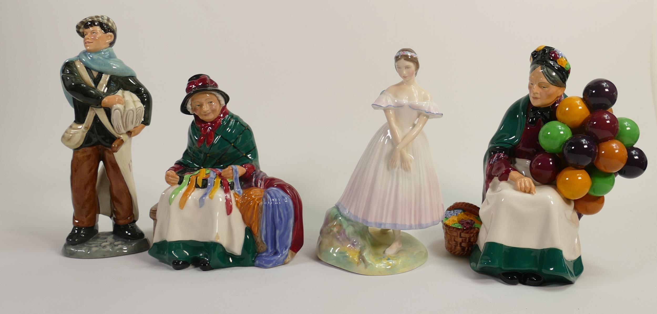 A collection of Royal Doulton figurines to include Newsboy HN2244, Silks & Ribbons HN2017, the Old